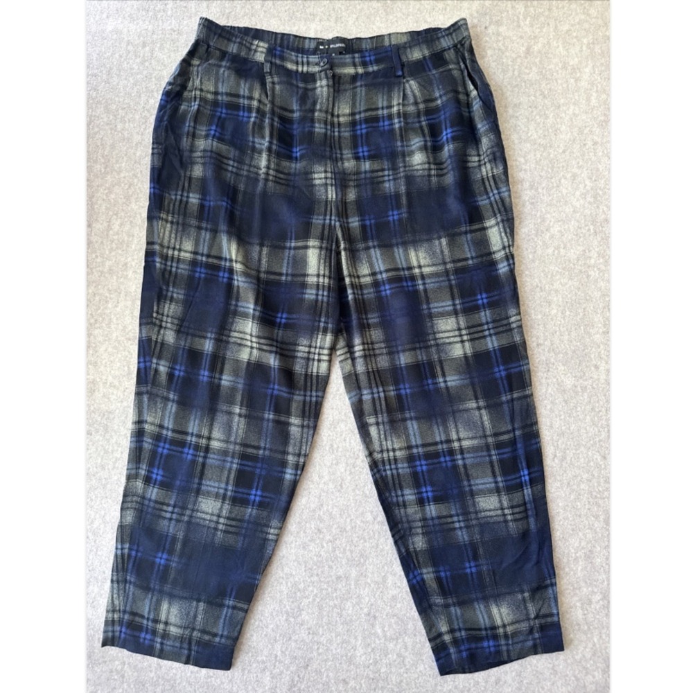 BP + Wildfang Plaid Pleated Trousers Womens 2X Navy Blue Rayon Tapered NWT
